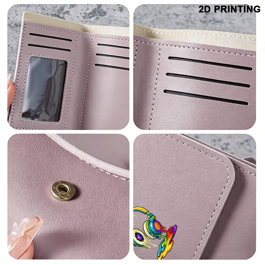 Mini women's wallet in light purple, 2D rainbow headset design