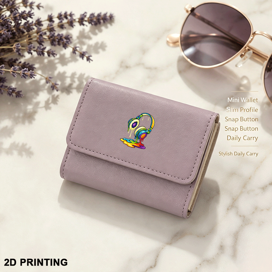 Mini women's wallet in light purple, 2D rainbow headset design