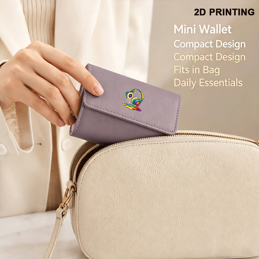 Mini women's wallet in light purple, 2D rainbow headset design