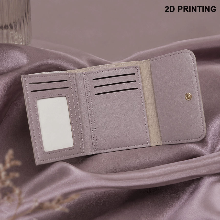 Mini women's wallet in light purple, 2D rainbow headset design