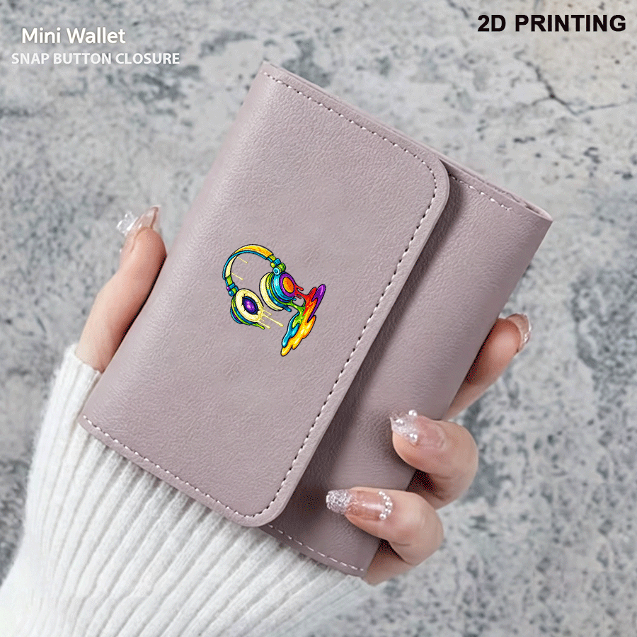 Mini women's wallet in light purple, 2D rainbow headset design