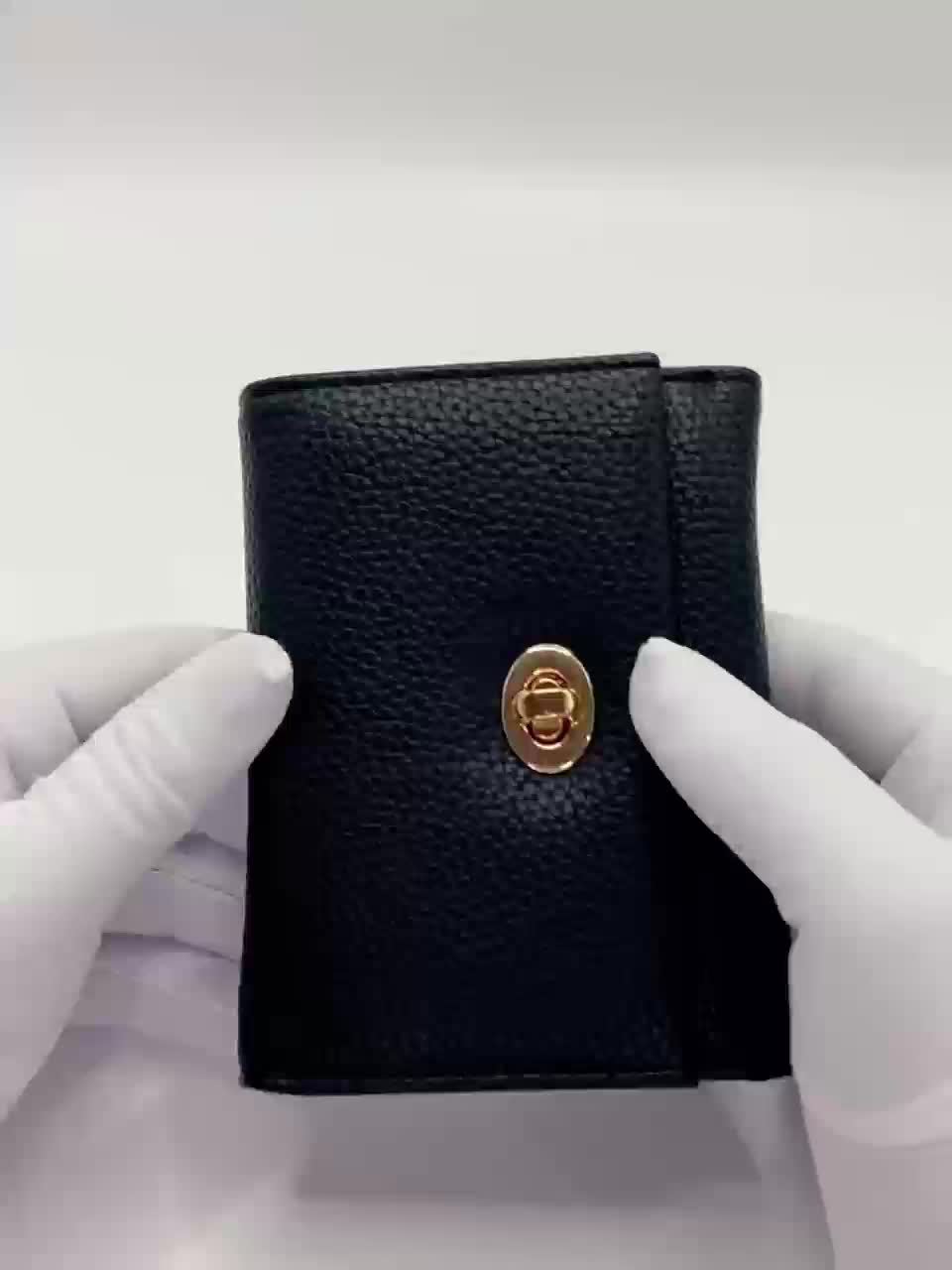 Compact Black Women's Wallet with Gold Turn Lock