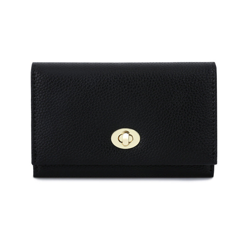 Compact Black Women's Wallet with Gold Turn Lock