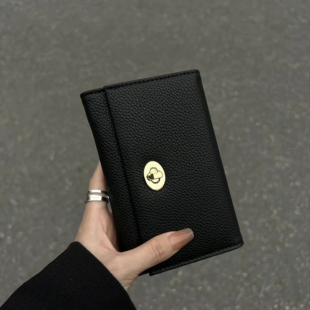 Compact Black Women's Wallet with Gold Turn Lock