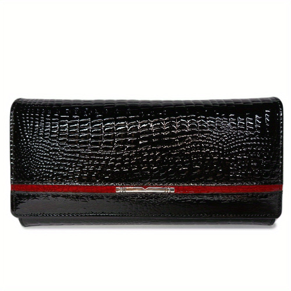 Black Crocodile Grain Women's Wallet with Metal Frame