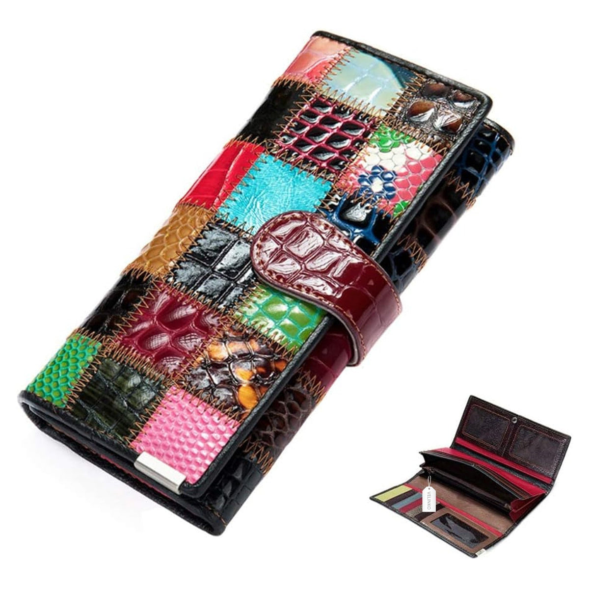 Multicolored Patchwork Women's Wallet with Croc Grain