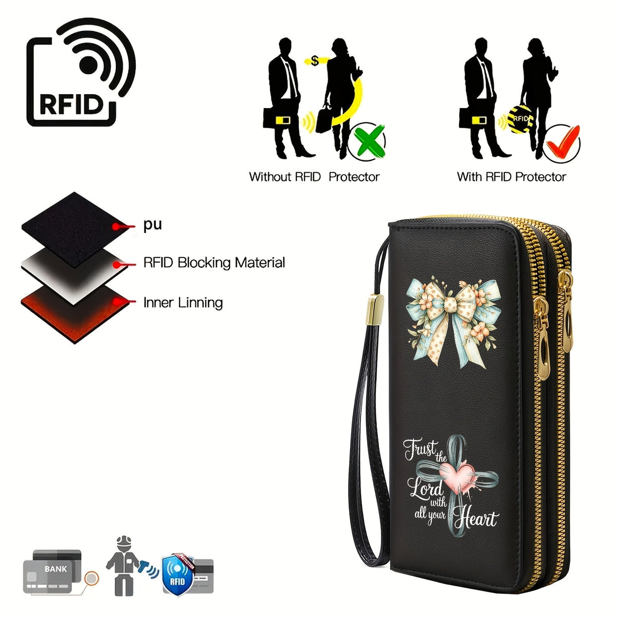 Women's Anti-RFID Wallet Clutch with Floral Bow Print