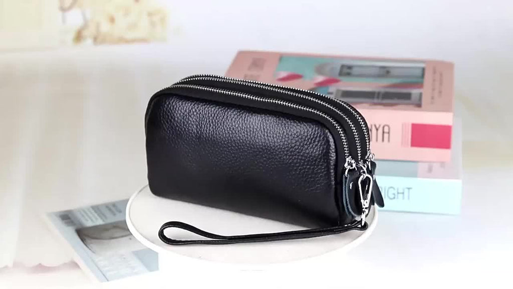 Women's wallet clutch with three zip compartments