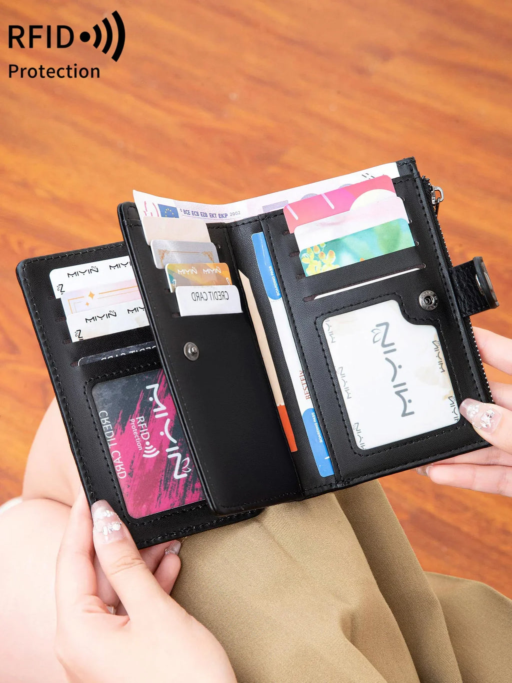 Compact Women's PU Leather RFID Wallet with Zip and Snap Closure