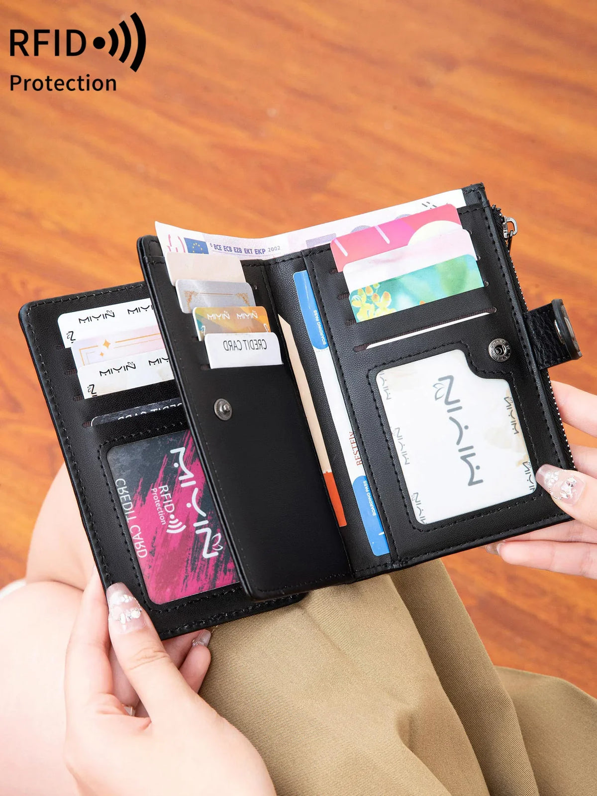 Compact Women's PU Leather RFID Wallet with Zip and Snap Closure Image