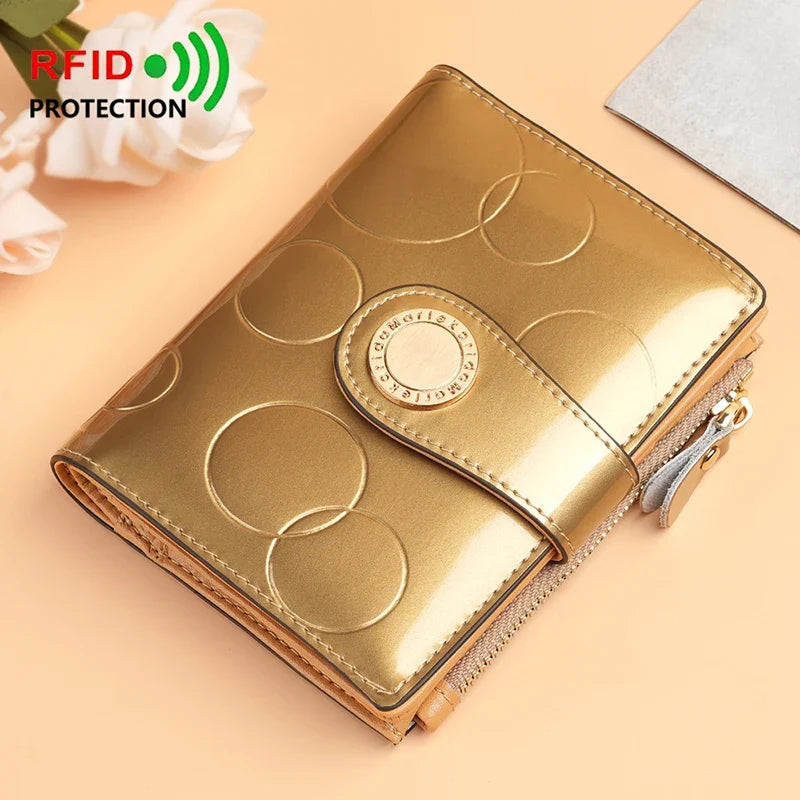 Compact Women's Patent Leather RFID Wallet with Snap Closure and Secure Zip
