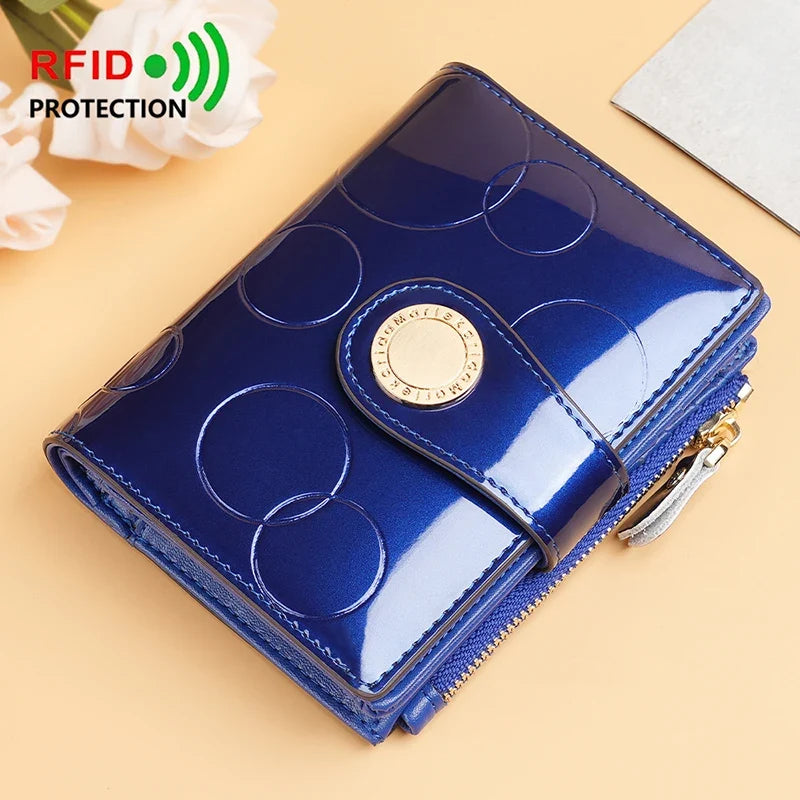 Compact Women's Patent Leather RFID Wallet with Snap Closure and Secure Zip