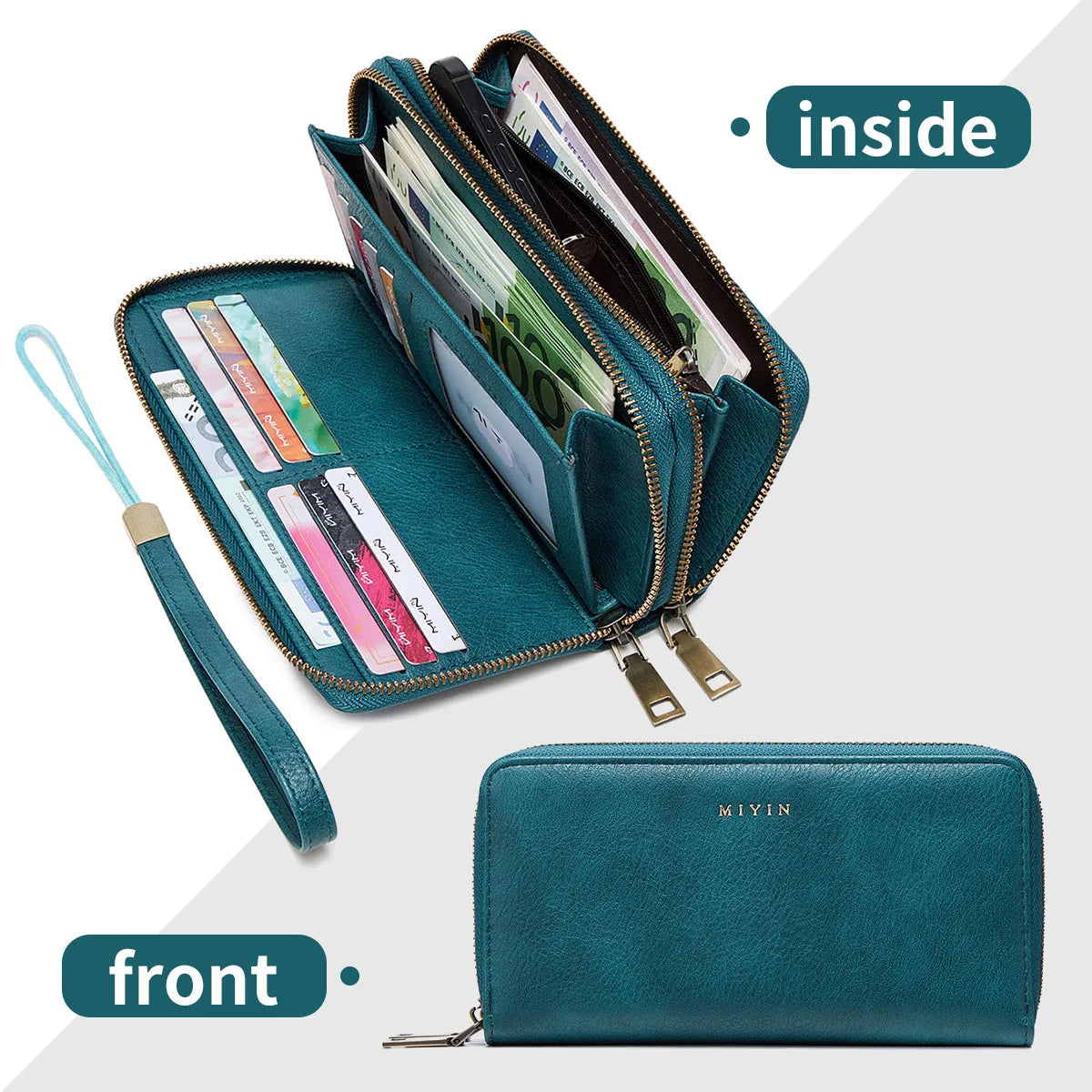 Women's Large Capacity Vintage PU Wallet with Double Zip and RFID Protection