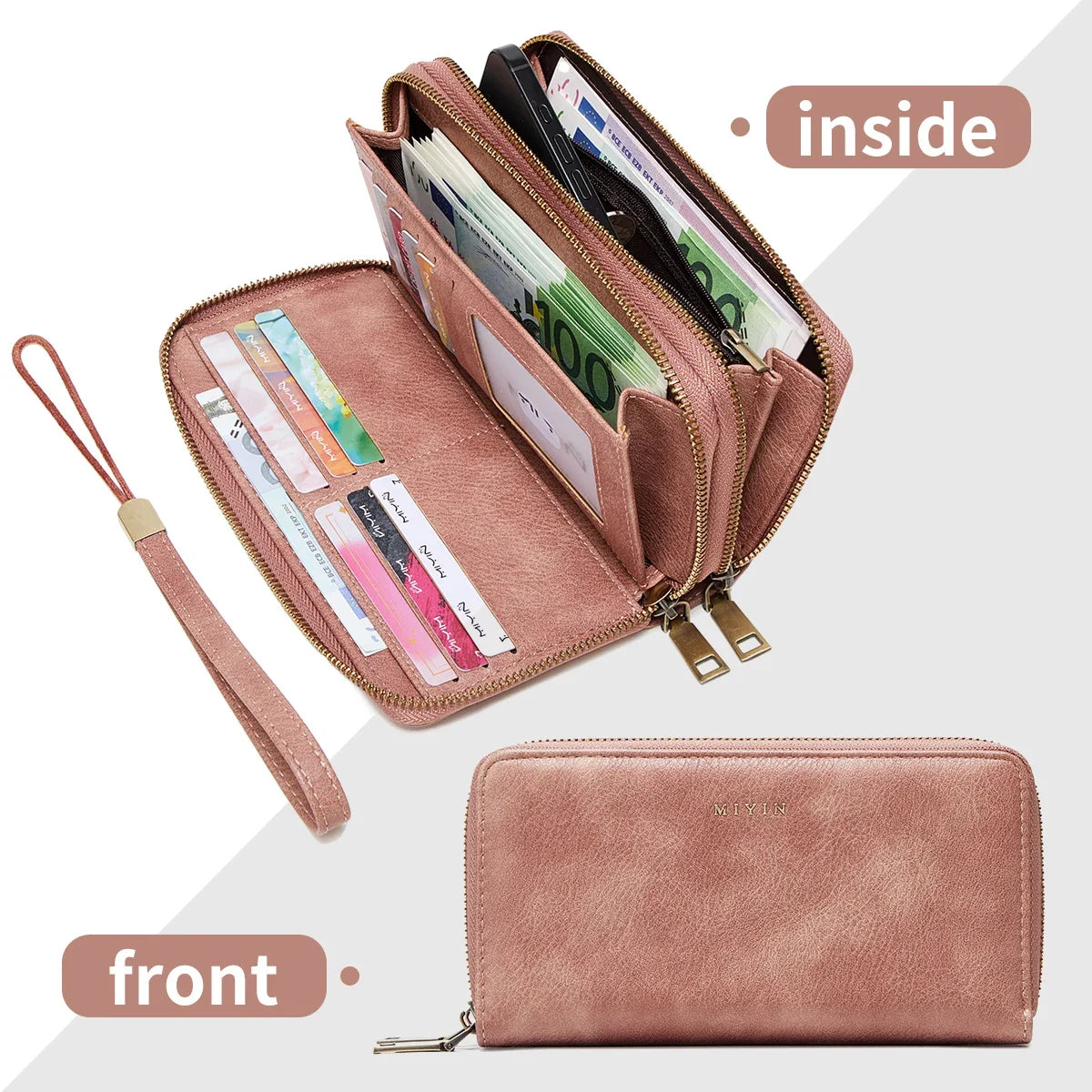 Women's Large Capacity Vintage PU Wallet with Double Zip and RFID Protection