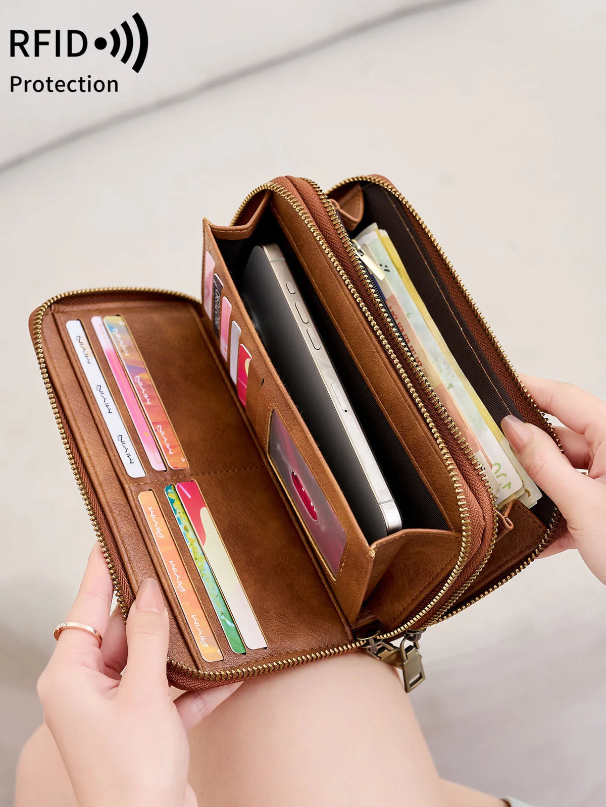 Women's Large Capacity Vintage PU Wallet with Double Zip and RFID Protection