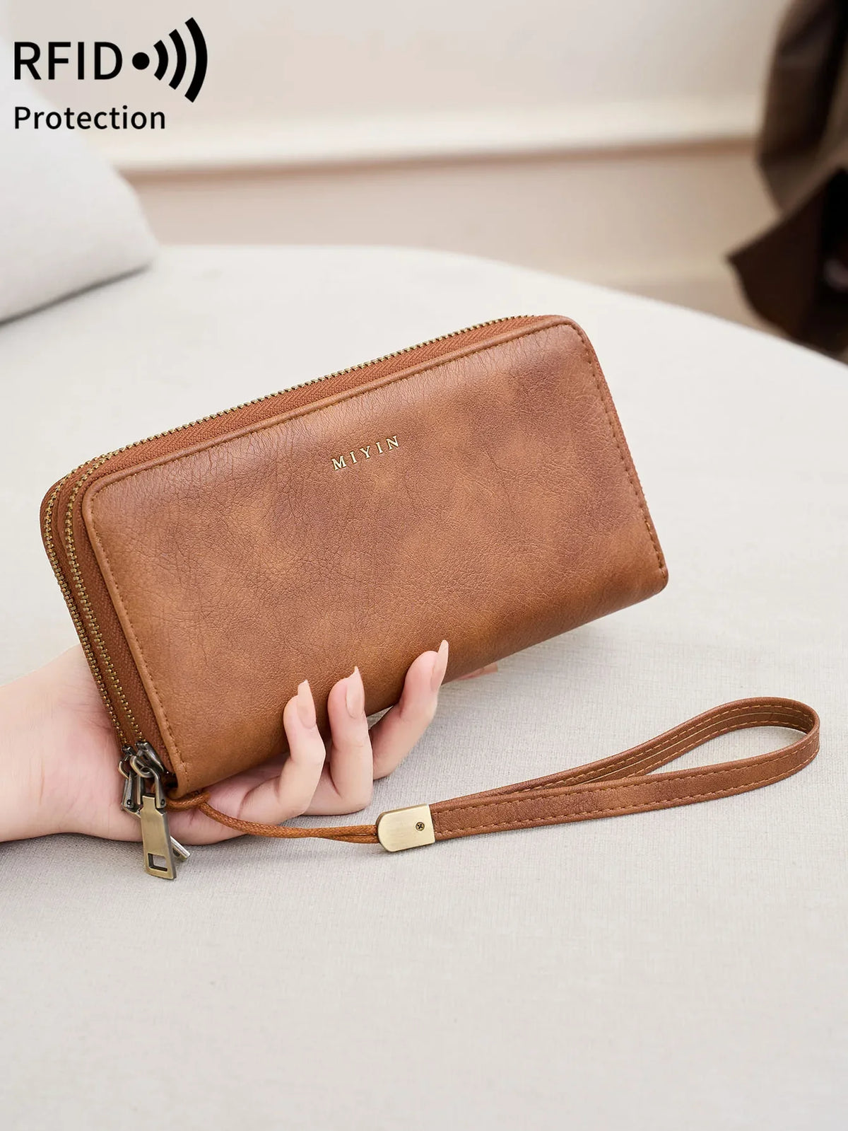 Women's Large Capacity Vintage PU Wallet with Double Zip and RFID Protection Image