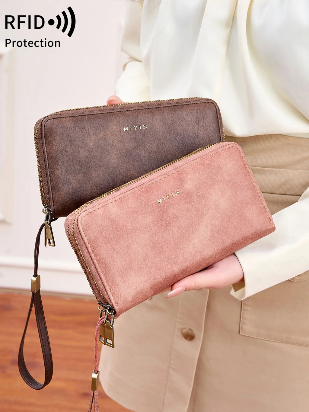 Women's Large Capacity Vintage PU Wallet with Double Zip and RFID Protection
