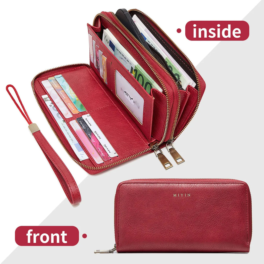 Women's Large Capacity Vintage PU Wallet with Double Zip and RFID Protection