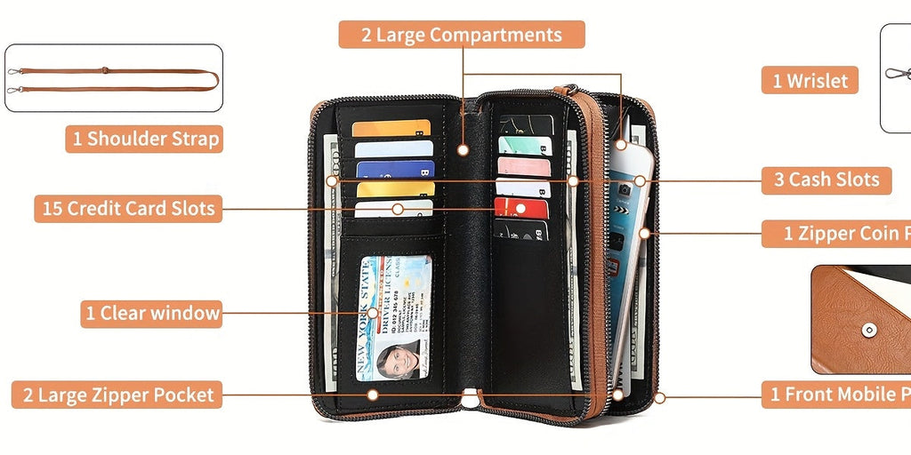 Women's Wallet with Adjustable Strap, 15 Slots and a Window