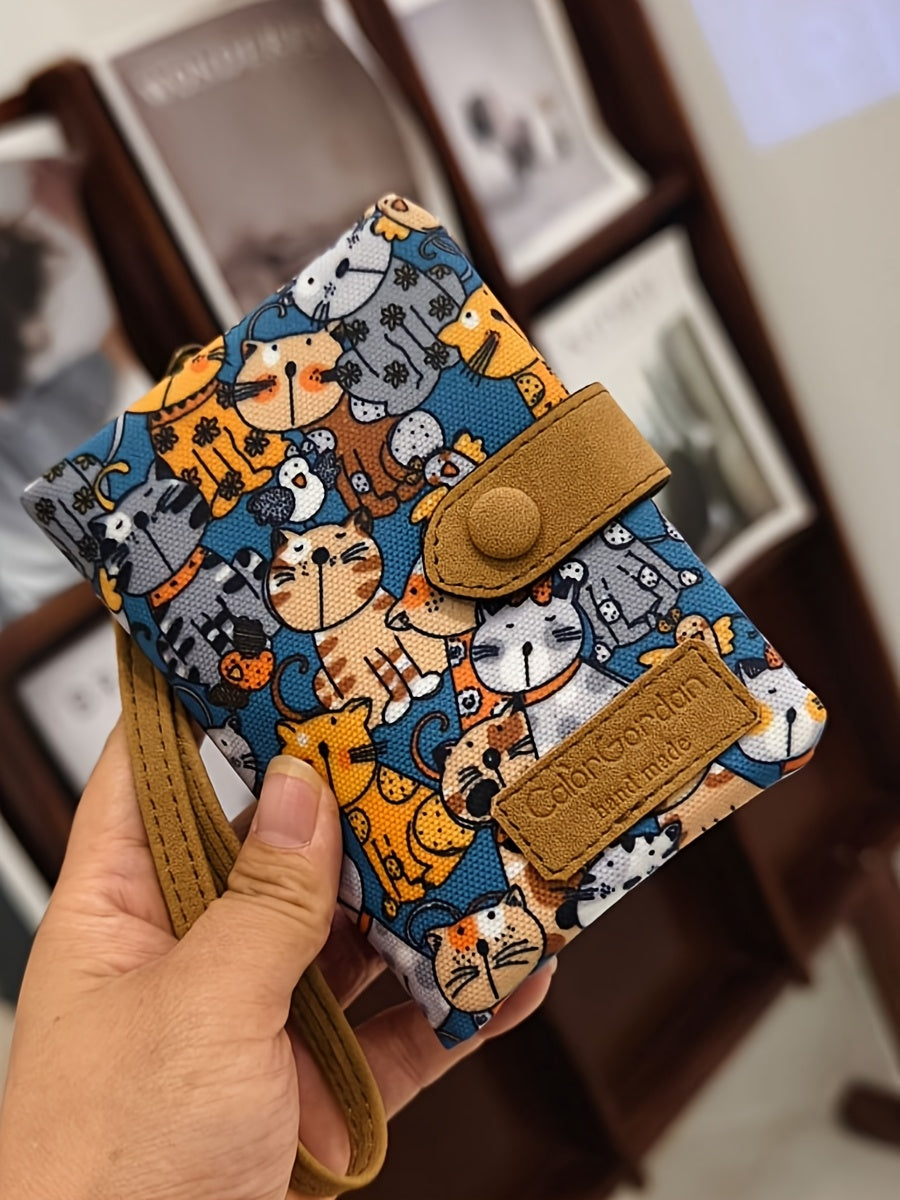 Vertical Women's Wallet in Printed Canvas with Wrist Strap