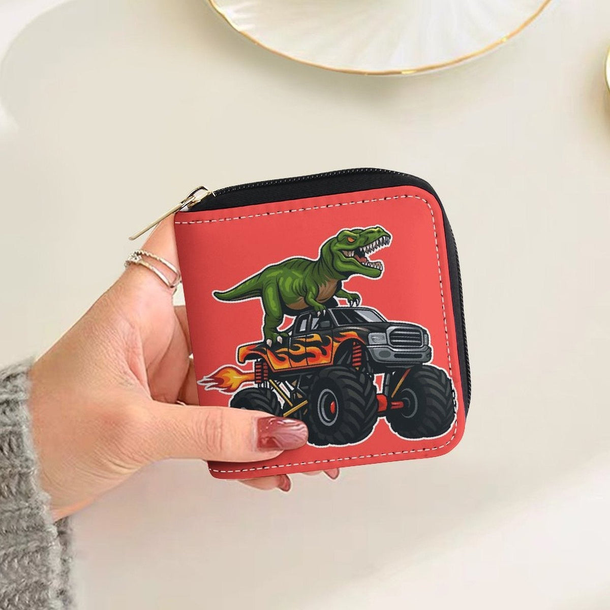 Square Zip Wallet for Women, Red Dinosaur Print
