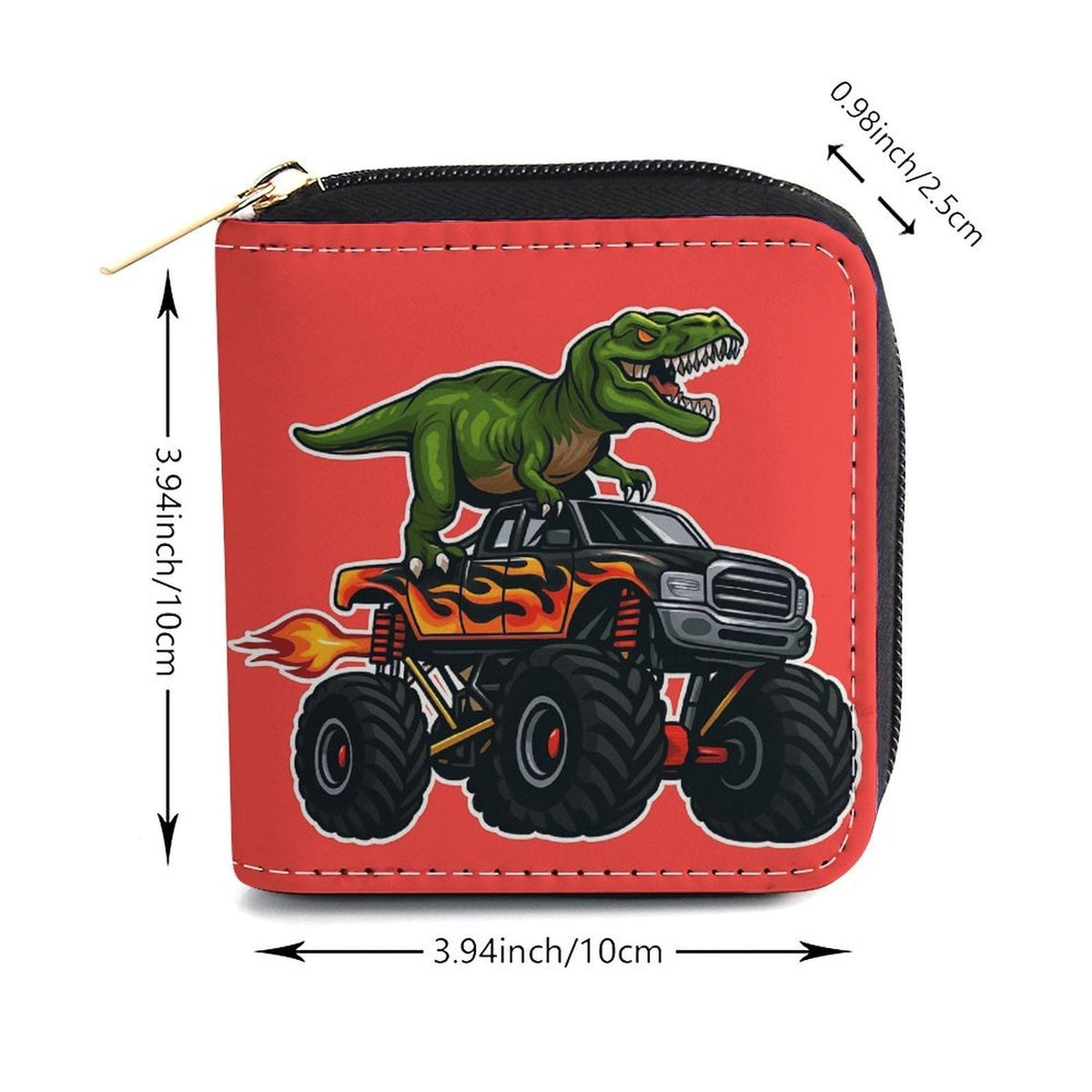 Square Zip Wallet for Women, Red Dinosaur Print