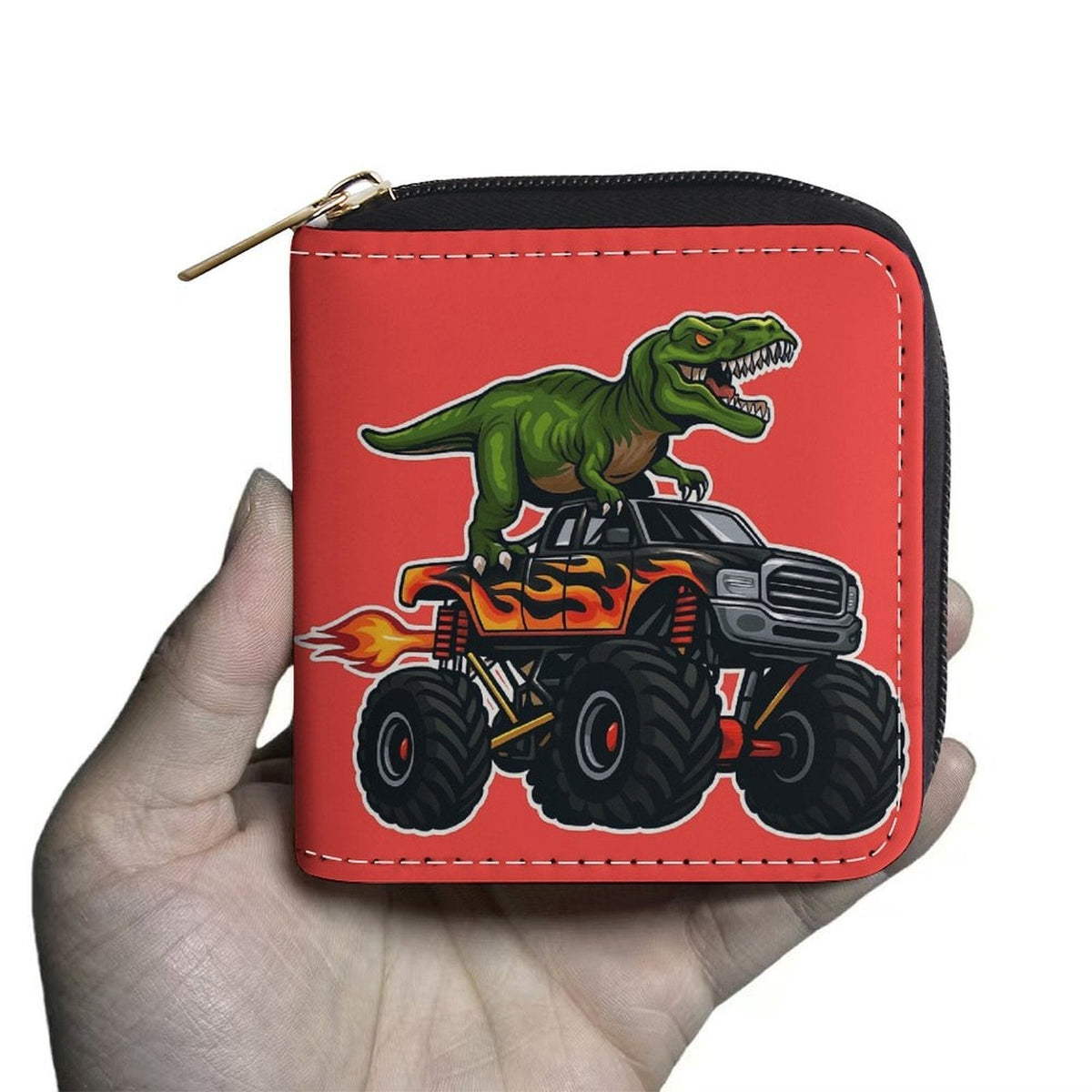 Square Zip Wallet for Women, Red Dinosaur Print