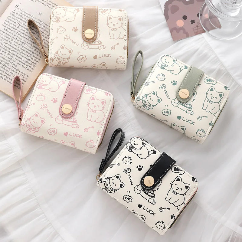 Cute Cat Print Short Wallet for Girls – Style and Functionality Image