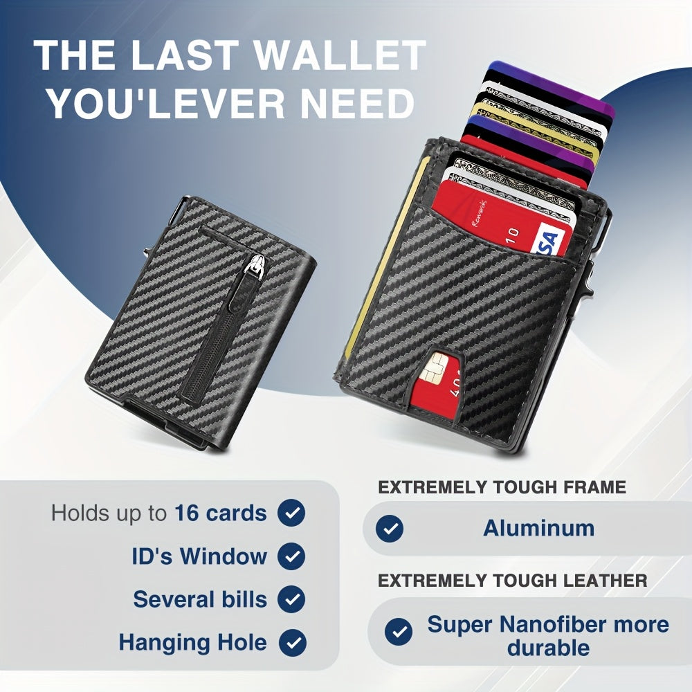 Men's Wallet for 16 Cards, Aluminum Frame and Zipper Pocket