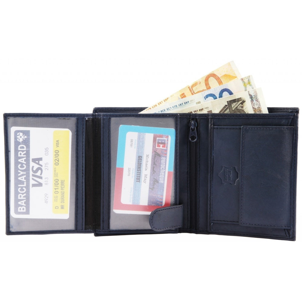 Navy Blue Leather Wallet for Men, 0.8 inches Thick