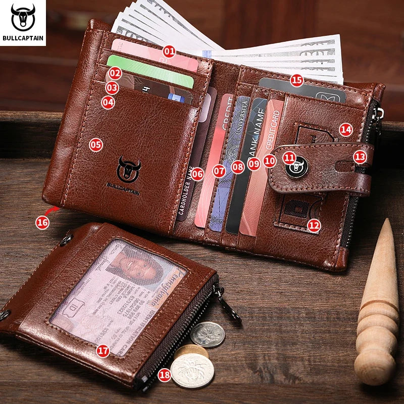 Men's Vintage Genuine Leather Wallet with Anti-Theft Chain and RFID Protection