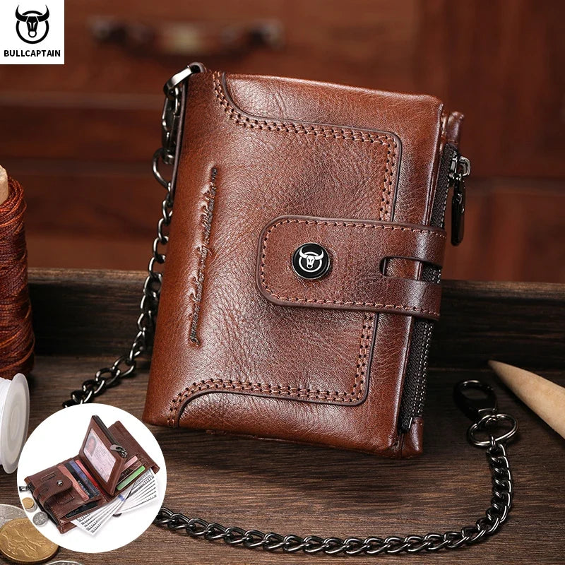 Men's Vintage Genuine Leather Wallet with Anti-Theft Chain and RFID Protection Image