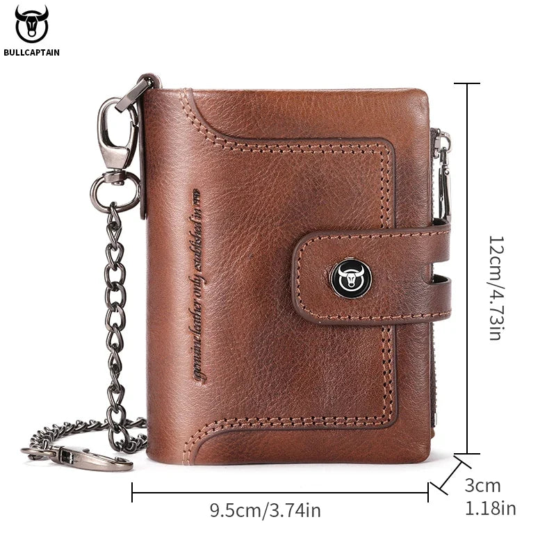 Men's Vintage Genuine Leather Wallet with Anti-Theft Chain and RFID Protection