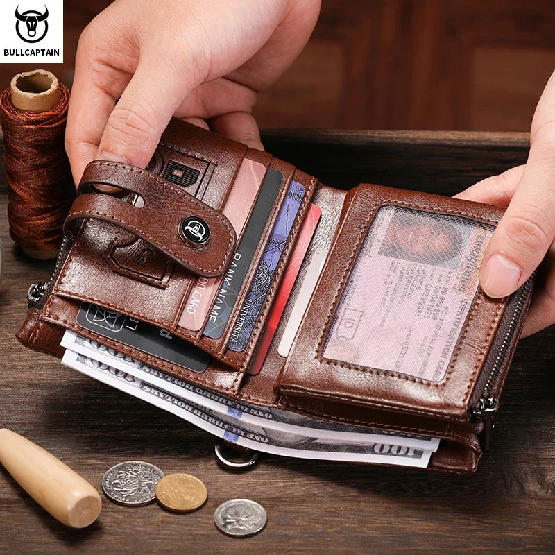 Men's Vintage Genuine Leather Wallet with Anti-Theft Chain and RFID Protection