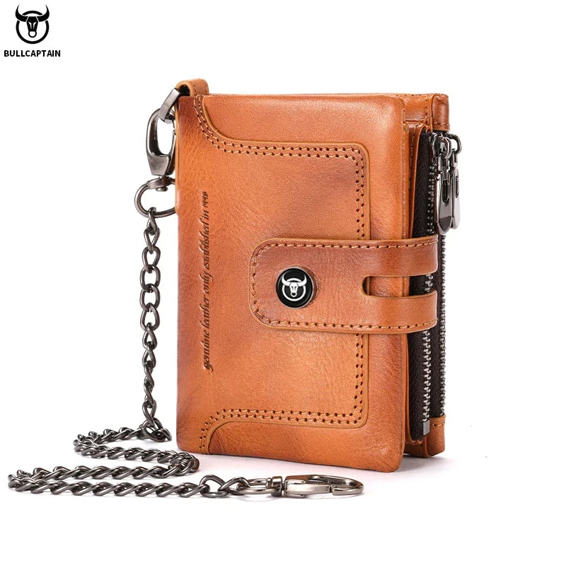 Men's Vintage Genuine Leather Wallet with Anti-Theft Chain and RFID Protection