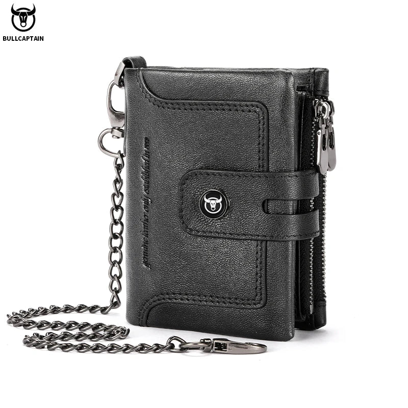 Men's Vintage Genuine Leather Wallet with Anti-Theft Chain and RFID Protection