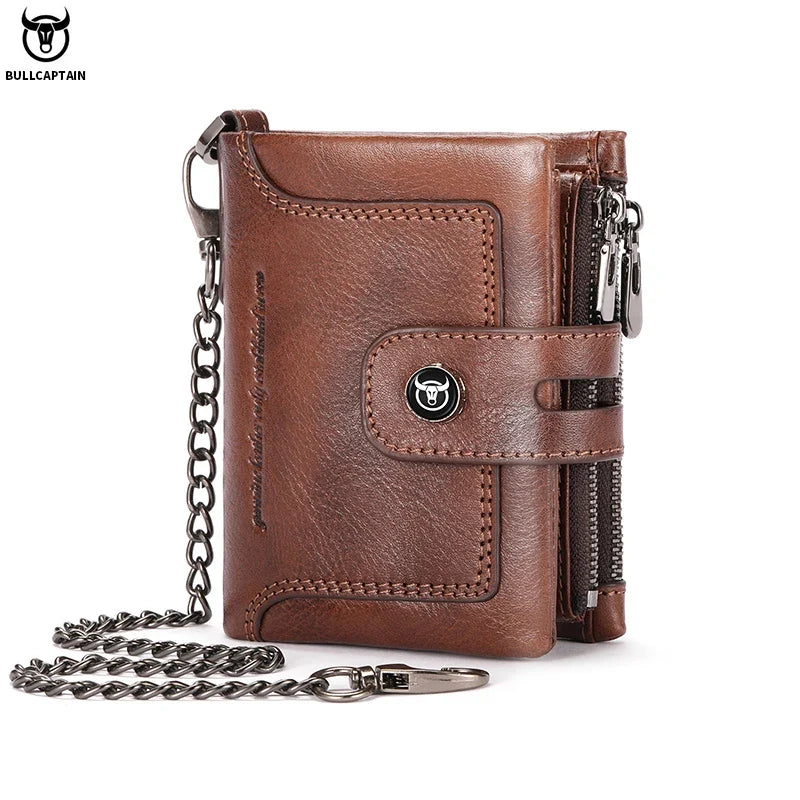 Men's Vintage Genuine Leather Wallet with Anti-Theft Chain and RFID Protection