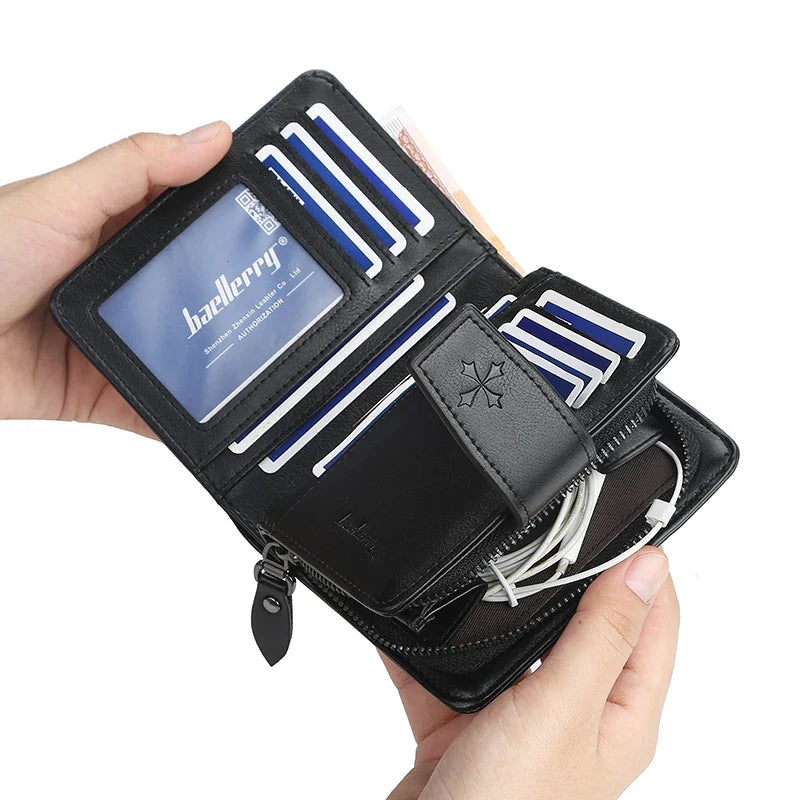 Men's Business Wallet in PU Leather with Double Zipper Closure