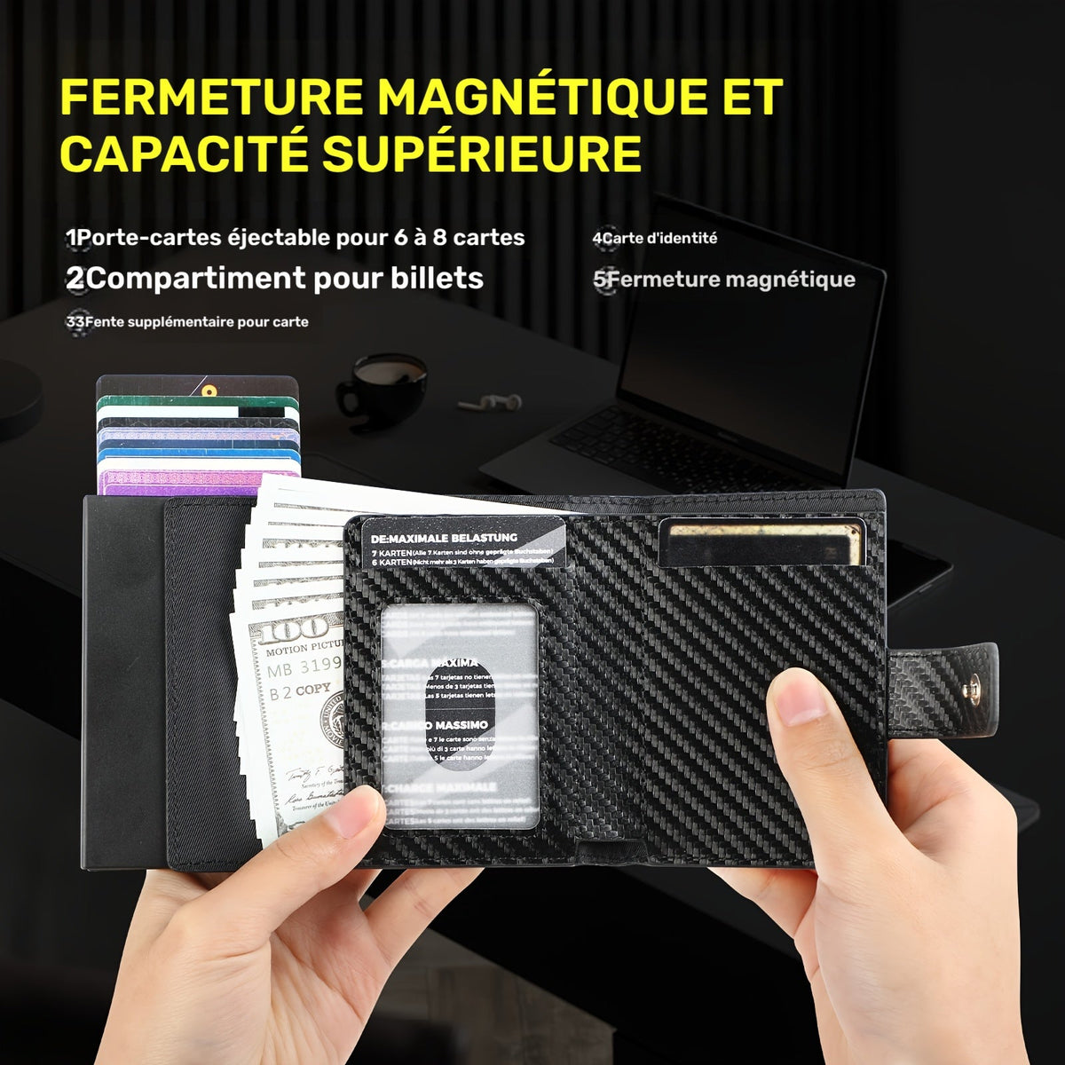 Compact Men's Wallet with Metal Charger and Snap Pocket