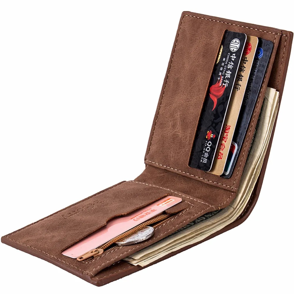 Compact PU Leather Wallet for Men with Card Holder, Zippered Coin Pocket and Bill Clip