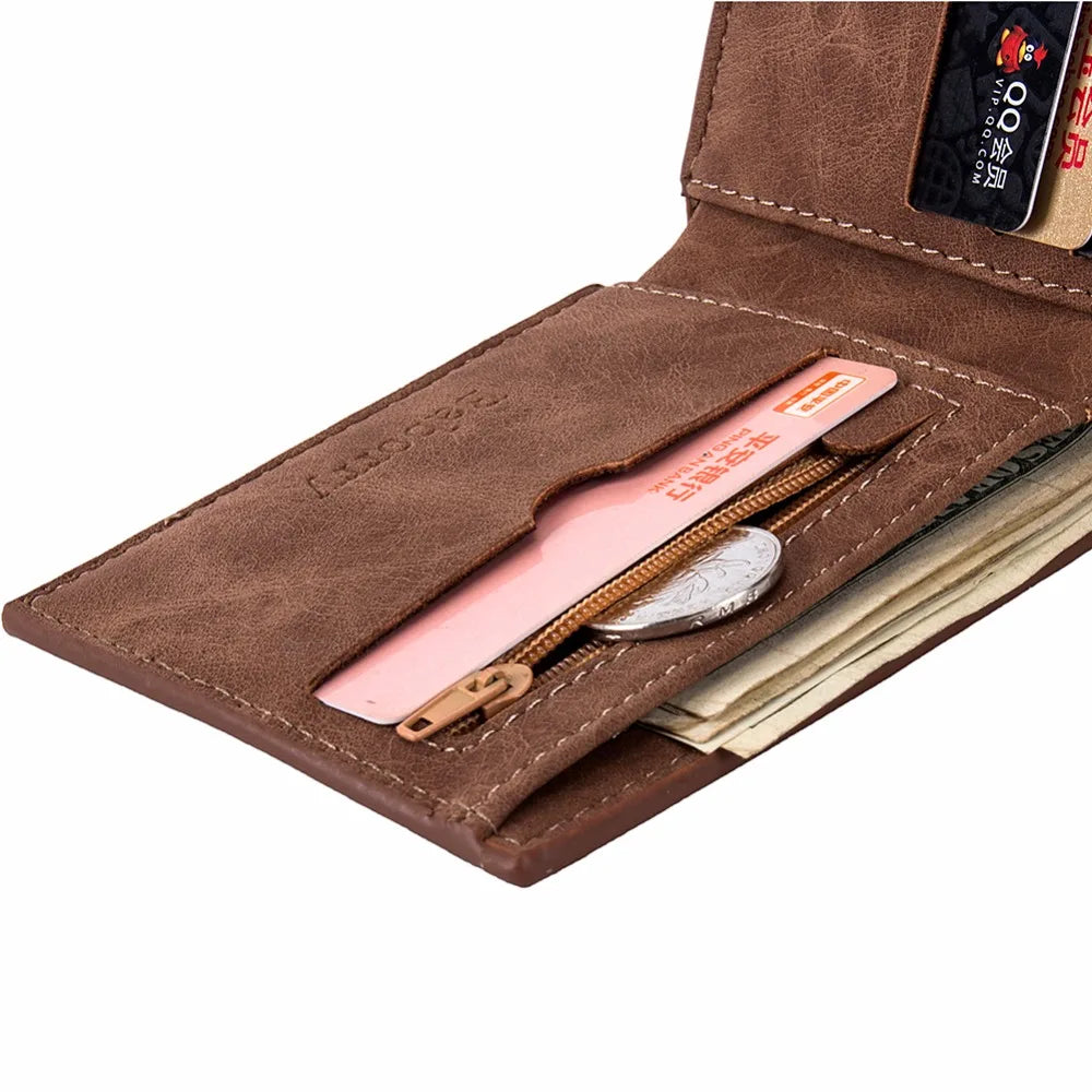 Compact PU Leather Wallet for Men with Card Holder, Zippered Coin Pocket and Bill Clip