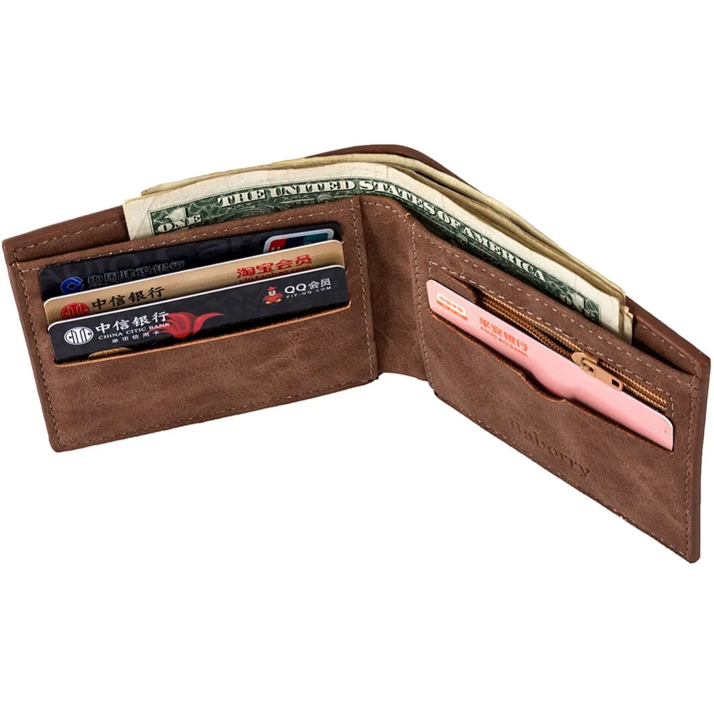 Compact PU Leather Wallet for Men with Card Holder, Zippered Coin Pocket and Bill Clip