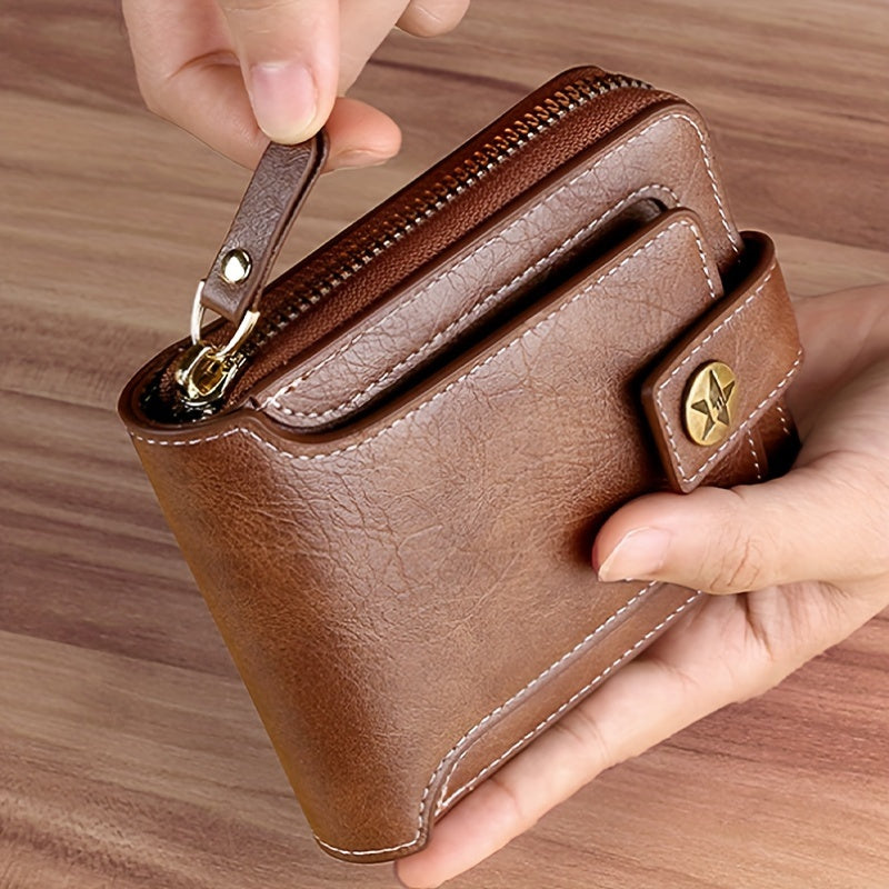 Compact Men's PU Wallet with Zip and Snap Button