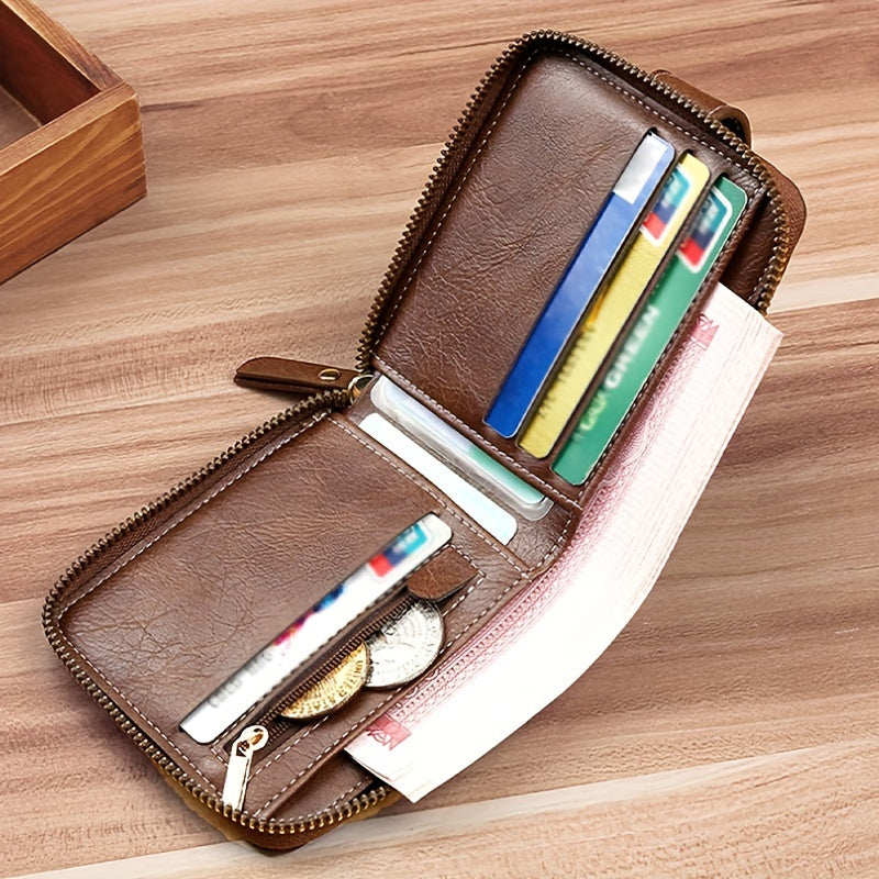 Compact Men's PU Wallet with Zip and Snap Button