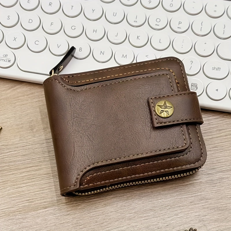Compact Men's PU Wallet with Zip and Snap Button