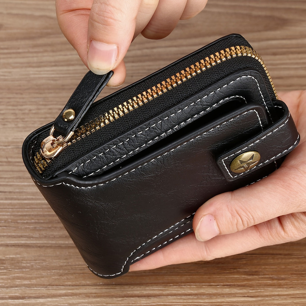 Compact Men's PU Wallet with Zip and Snap Button