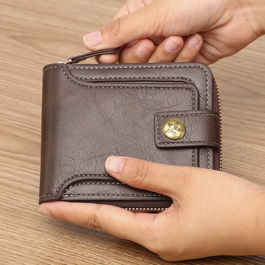 Compact Men's PU Wallet with Zip and Snap Button