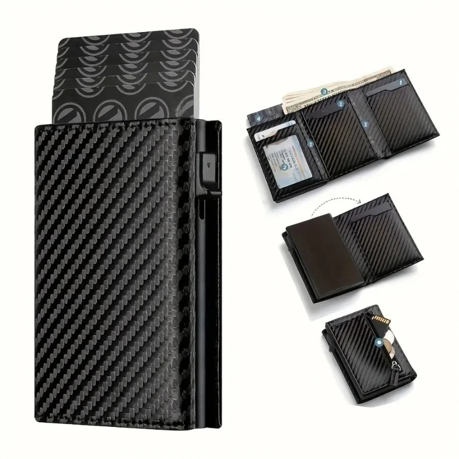 Compact Men's PU Wallet with Automatic RFID Card Holder and Zip