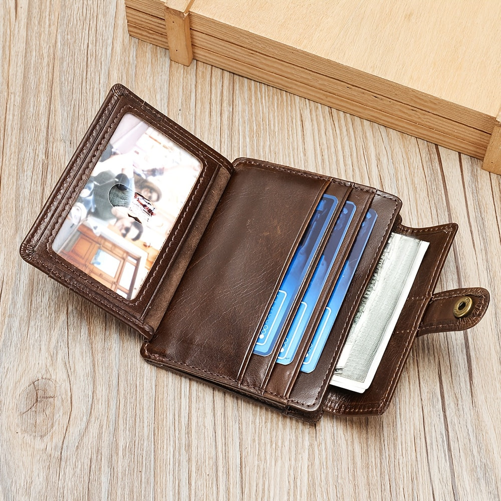 Compact Leather Wallet for Men with Snap Closure