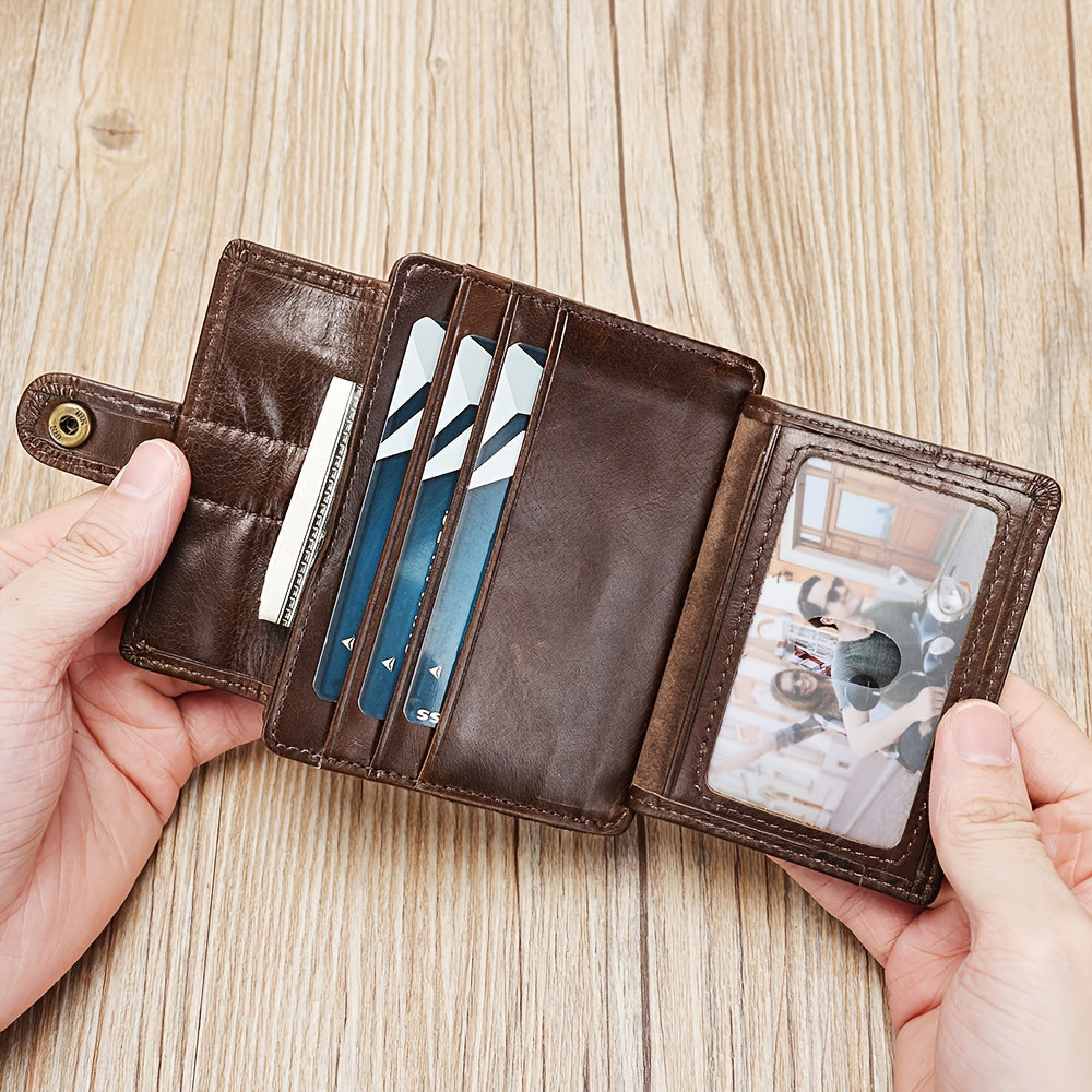 Compact Leather Wallet for Men with Snap Closure